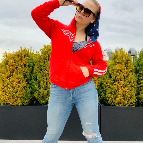 2in1 Vintage Wonder Woman Starred Turn Double Side Hoodie Red Blue - Picture 6 of 16